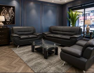 Black Leather Living Room Sofa Set