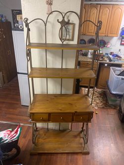 Rustic Wood & Wrought Iron Baker’s Rack with 3 Drawers