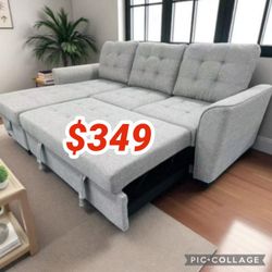 90.5" Light Gray Linen Sleeper Sectional Sofa with Reversible Storage Chaise