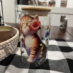 Cute Cat Floral Glass Cup With Bamboo Lid And Straw