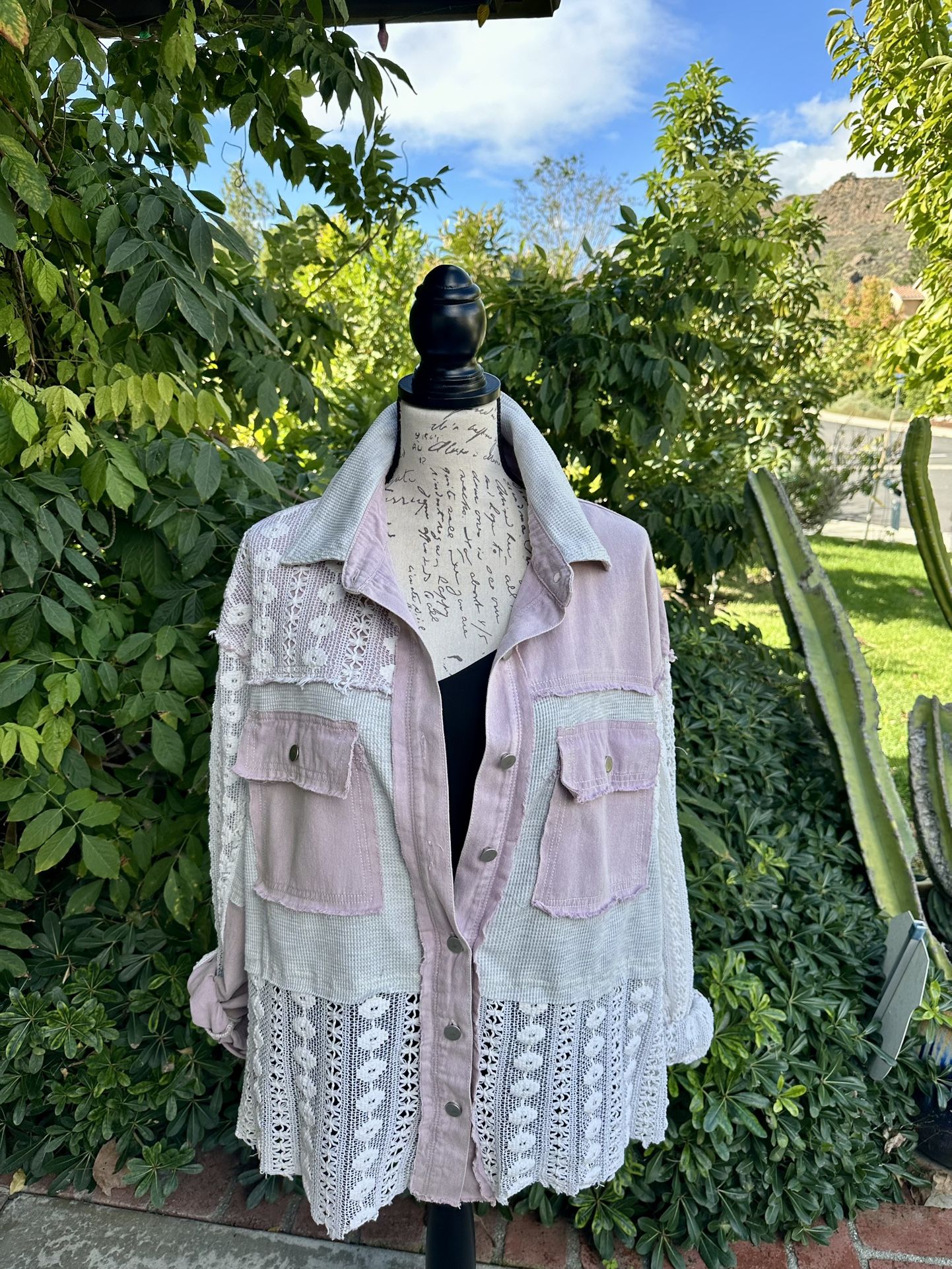 Pink and Cream Block Lace Button Up Shirt By Porter Collective-Large-Elegant