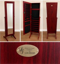 Wooden Jewelry Cabinet Mirror Armoire Free Standing Lockable Adjustable Angle