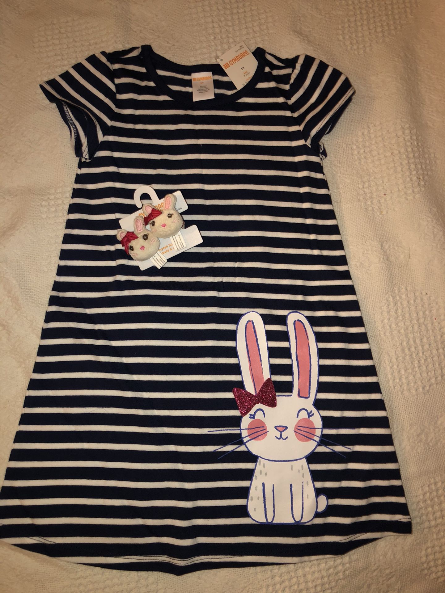 New W/tags NWT Gymboree Easter Mix N Match Bunny Navy Blue Striped Dress 3T  & pair Bunny Hair Bands