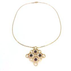 14K Yellow Gold 16" Rolo Necklace with Multiple circles Pendant & Synthetic Garnet | 16 Inches, 5.18 grams