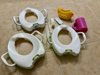 Toddler Kids Munchkin Toilet Training Potty Seats X3, Munchkin Safety Ducky Tub Spout Cover, Silicone Soft Bath Rinser, Potty Hook $10 for all