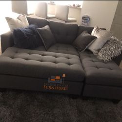 Brand New Grey Linen Sectional Sofa +Ottoman (New In Box) 