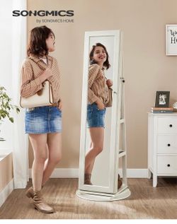 360° Swivel Jewelry Cabinet, Full-Length Mirror, Lockable Jewelry Armoire Organizer, Mirror with Storage, Rear Storage Shelves, Interior Mirror, Gift 
