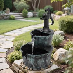 Green Polypropylene Outdoor 11 L 2-Tiered Fountain Barrel Garden Waterfall with Electric Pump