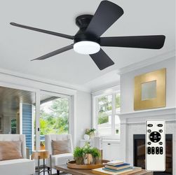 Depuley Modern Ceiling Fan with Light: 42-Inch Black Small Fans for Bedroom Indoor Outdoor - Dimmable Low Profile Ceiling Fans with Remote Control Flu