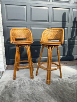 Vintage Bamboo & Rattan Bar Stools – Pair – Palm Beach / Boho Style