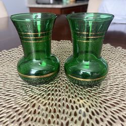 Two vintage 1950s small flared emerald green vase with gold accents 