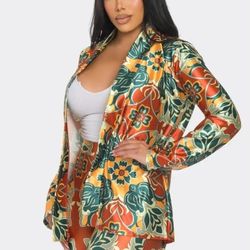 Belted Jacket Mini Short Satin Print Set