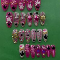 Pink & Gold Cannabis-Inspired Press-On Nails with Rhinestone Details