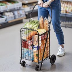 Shopping Cart, Folding Grocery Utility Cart with Swivel Wheels, 90 LBS Large Load Capacity, Heavy Duty Rolling Laundry Basket Butler for Laundry, Shop