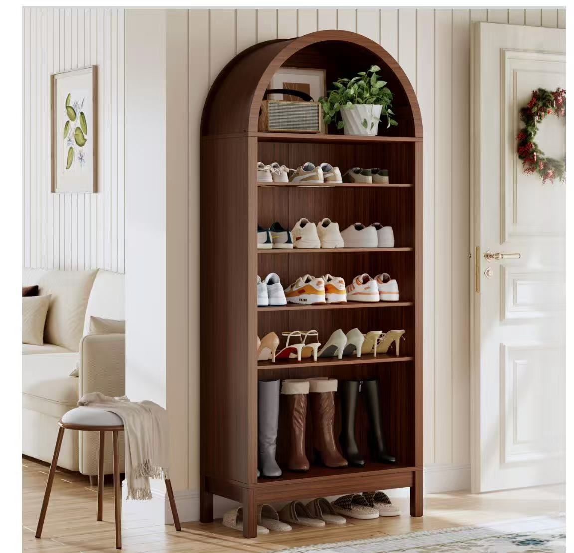 70-inch high arched shoe rack, 7-tier shoe rack with 3 adjustable shelves, $100