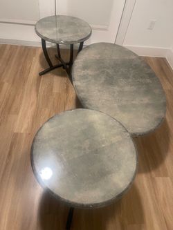 3-Piece Coffee Table Set – Gray Marble Look with Black Metal Legs