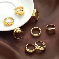 8 Pc 18k Yellow Gold Plated Chunky Ring Twisted Croissant Signet Dome Statement Sizs Sz 6 NIB 