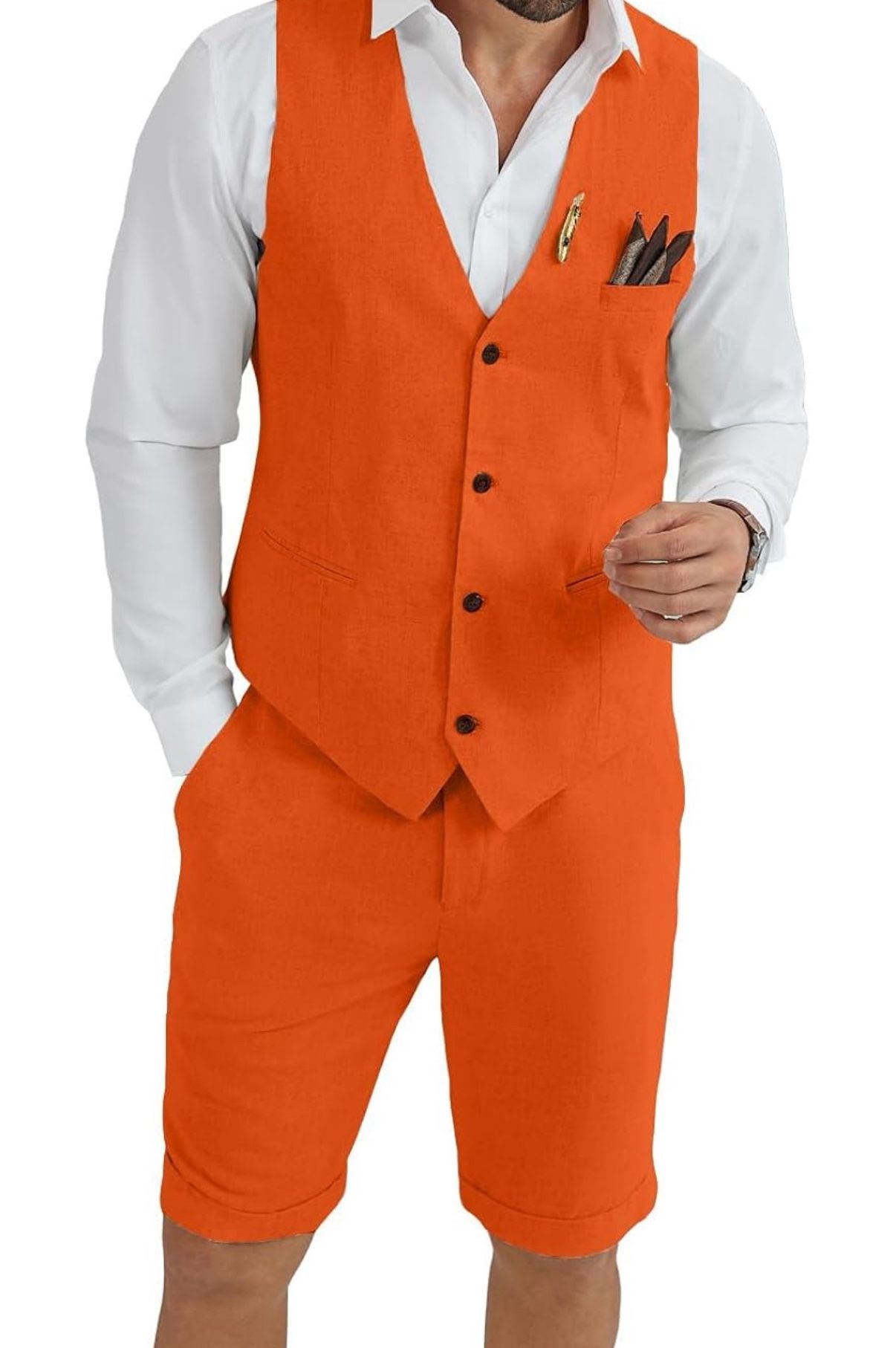 Mens Linen Suit 2 Piece Short Suits for Men Casual Summer Beach Groom Wedding Suit Linen Vest Shorts Set