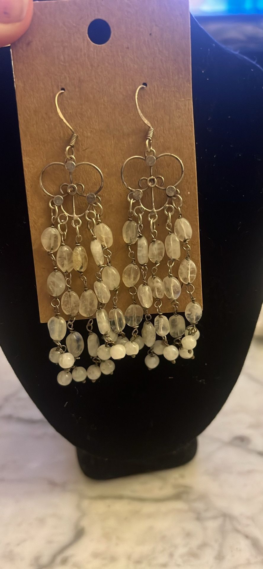 Sterling Silver Pearls Rainbow Moonstones Earrings