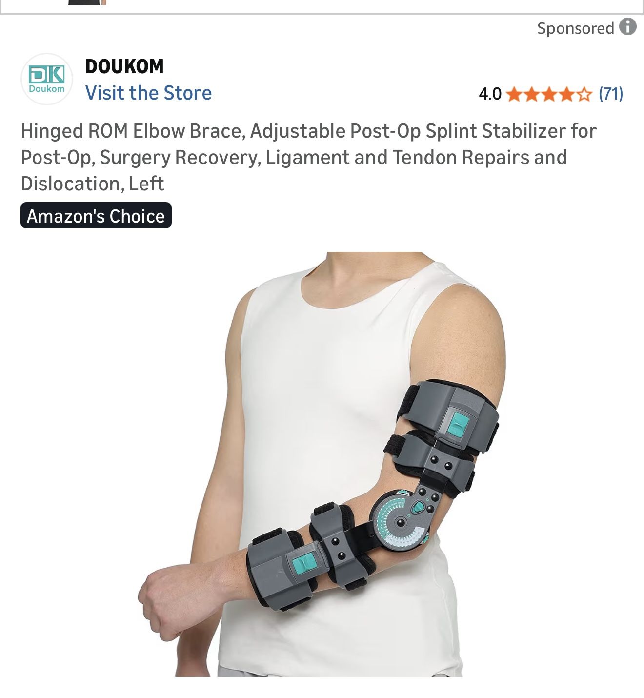 Hinged ROM Elbow Brace, Adjustable Post-Op Splint Stabilizer for Post-Op, Surgery Recovery, Ligament and Tendon Repairs and Dislocation, Left