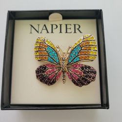 Napier Rhinestone Butterfly Brooch Pin Multicolor Gold Plated 