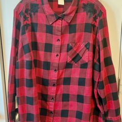 Faded Glory Women’s Red & Black Plaid Flannel Shirt w/Floral Appliqués 2XL