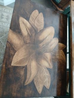 Beautiful Butcher Block/Island table with Dahlia flower stained flby hand.