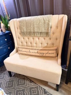 Beige Linen High-Back Tufted Loveseat Bench