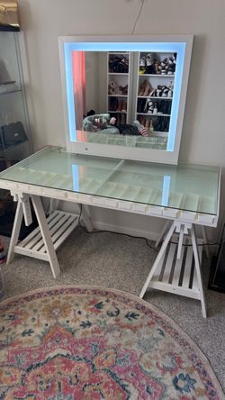 Large Vanity with thick glass top and organizers