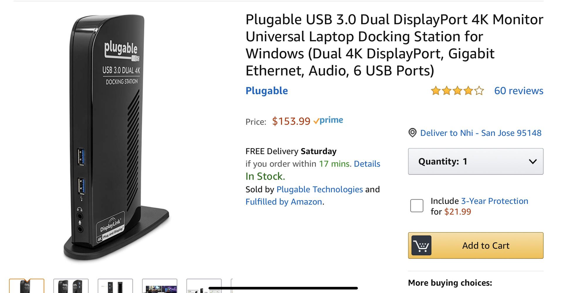 Plugable USB 3.0 DUAL DisplayPort 4k monitor Universal Doc station (window)