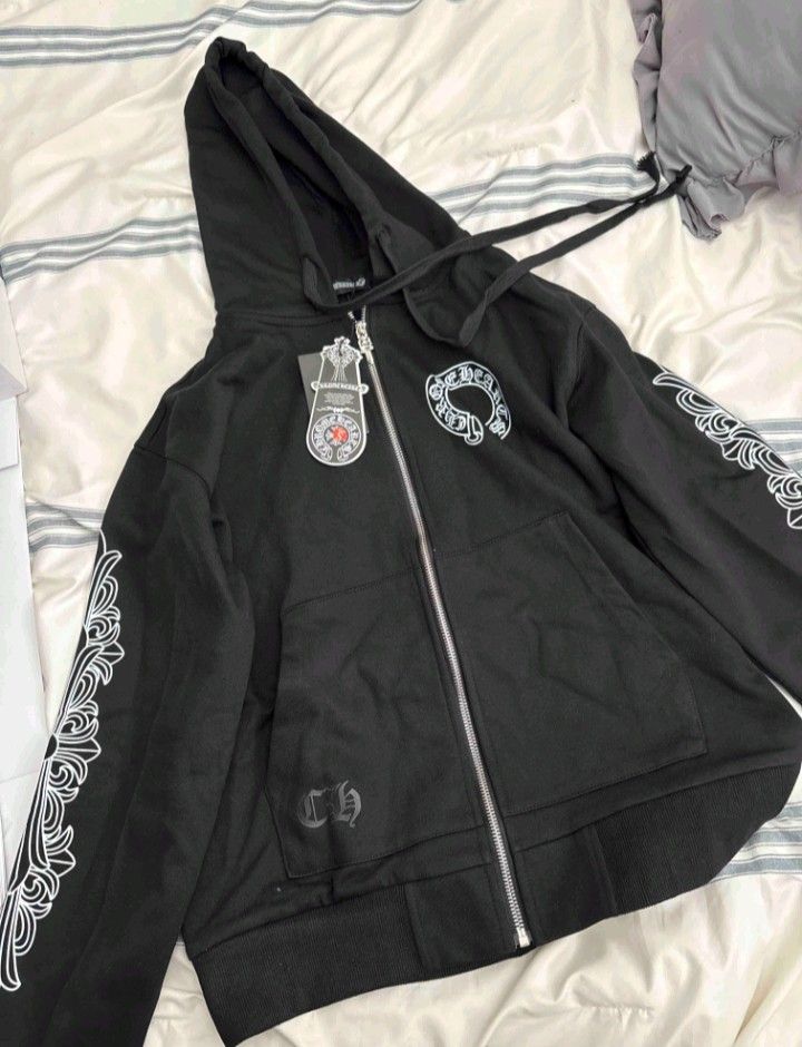 Chrome Hearts Horseshoe Floral Cross Sleeve Zip Up Hoodie Black/White