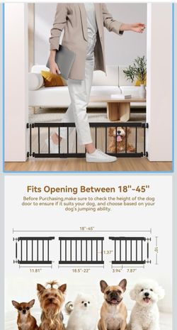 Dog Gate Indoor,18"-45" Adjustable Extra Wide Metal Short Dog Gate to Step Over, 10" Tall Small Pet Gate with 3 Extension Kits, Pressure Mounted for D