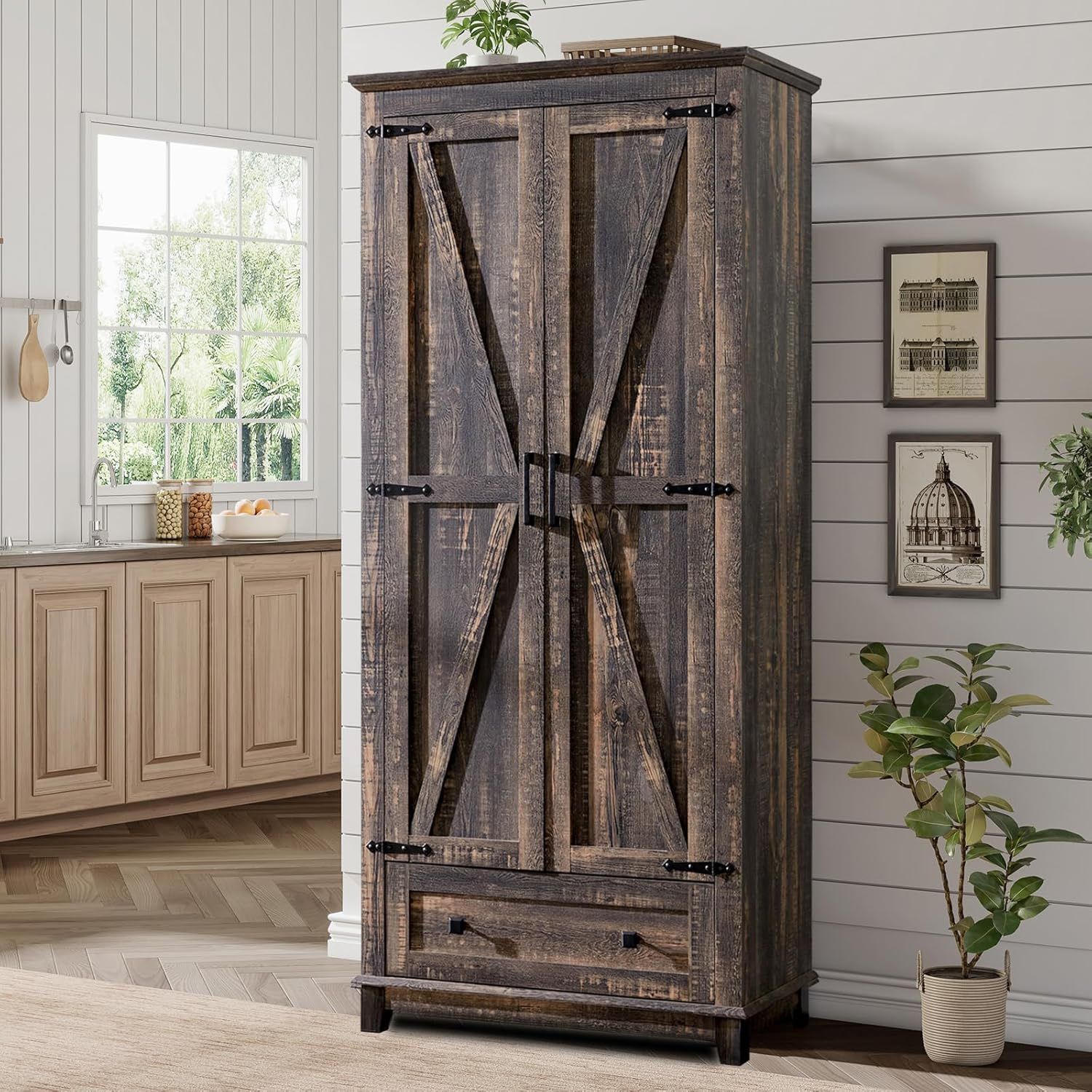 Farmhouse Kitchen Pantry Cabinet, 72" Tall Storage Cabinet with Adjustable Shelves & Barn Doors, Freestanding Kitchen Cupboard for Dining Room, Living