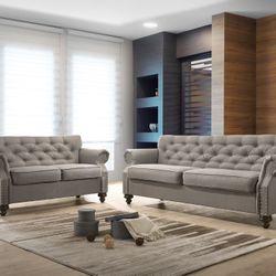 CHESTERFIELD INSPO TUFTED NAILHEAD DETAIL 2 PIECE SOFA LOVESEAT COUCH SET - SILLONES GRIS SALA