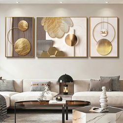 3PCS Gold Wall Art Set, Large Framed Modern Abstract Wall Decor for Living Room