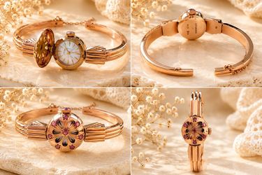 Vintage Rose Gold Hidden Watch Bangle with Natural Tourmaline