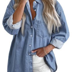 Astylish M blue Blouse Oversized Shirt Long Sleeve V Neck Button top denim jeans