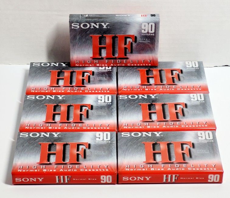 (Lot Of 7) New Sealed Sony HF High Fidelity Normal Bias Cassette Tape 90 Minutes. The image shows a Sony HF 90 High Fidelity Normal Bias Audio Cassett