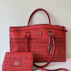 GUESS Red Tote Bag & Matching Wallet Set Faux Leather Large Purse Leapord Lining