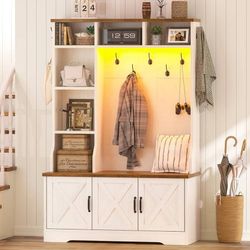 Led Hall Tree with Bench and Shoe Storage, Farmhouse Entryway Bench with Coat Racks 