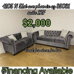 2 PCs Sofa And Loveseat Grey Velvet Brand New