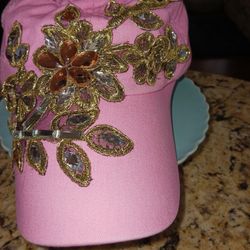 Hat: Pink Embellished Gold Sequins Hat Adjustable 