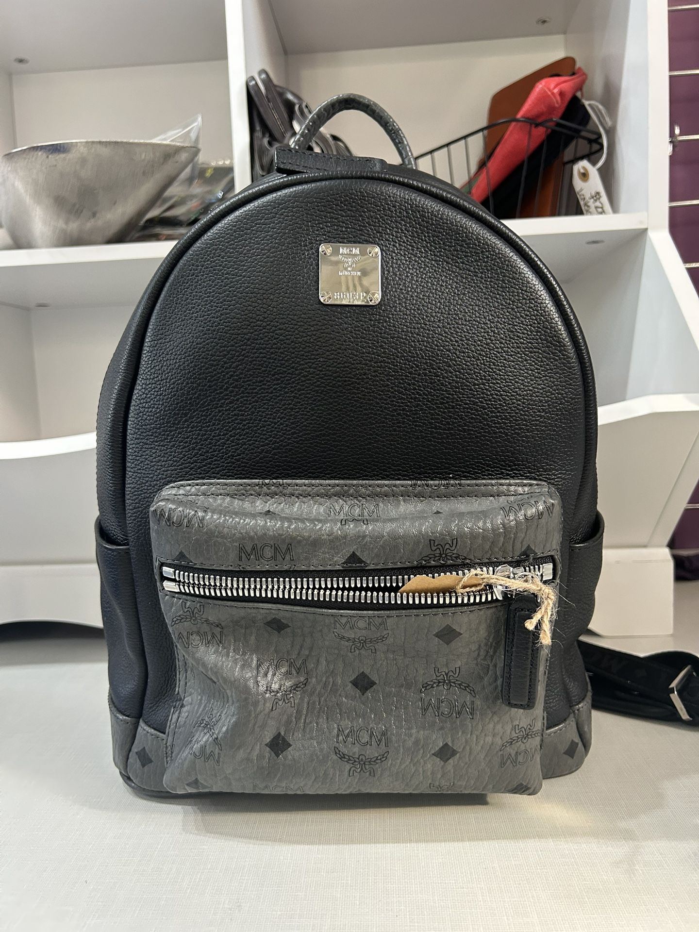 VINTAGE 2000’S MCM GREY/BLACK MONOGRAM LEATHER ZIPPER SMALL BACKPACK
