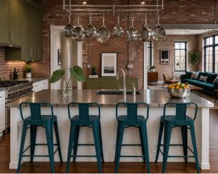 Set of 4 Andeworld Distressed Teal Metal Bar Stools – 29” Bar Height – Industrial Loft