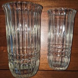 FTD Collectible Cut Glass Ribbed Vases 9" And  8" Tall & Heavy