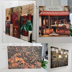 A variety of decorative canvas-style paintings. Each features a different design to add a classic and cozy touch to a space. Small to medium sizes.