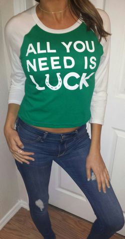 ALL YOU NEED IS LUCK St. Patrick's Day Green and white Raglan baseball tee t-shirt Lucky Irish Graphic crop top MEDIUM LARGE OR XL