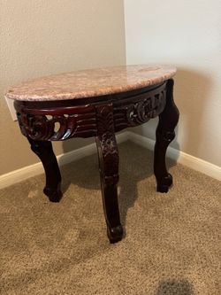 Marble Top Carved Wood Accent Table