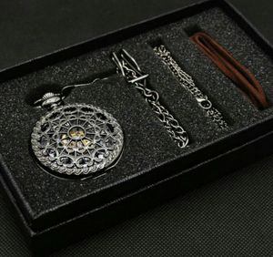 Photo Web Hollow Black Mechanical Hand Wind Pocket Watch With Box