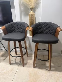 Set of 2 Art Leon Mid-Century Modern Swivel Bar Stools - Walnut & Black Leather
